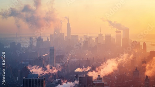 A panorama of a city skyline blanketed by smog, illustrating the impact of air pollution on urban environments photo