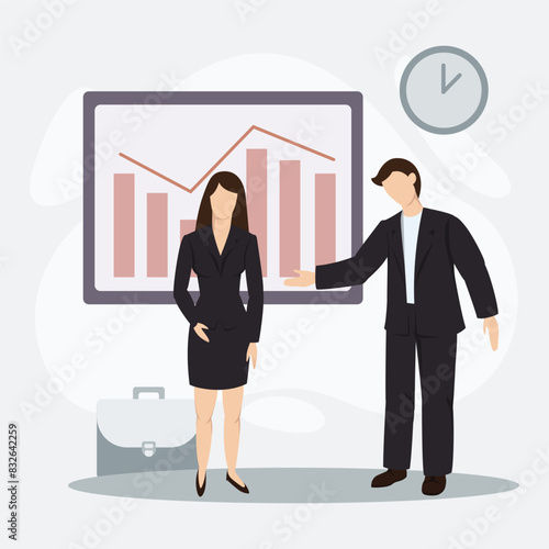 The boss introduces a new employee, a finance specialist. Vector flat illustration of business concept