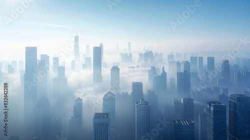A panorama of a city skyline blanketed by smog, illustrating the impact of air pollution on urban environments
