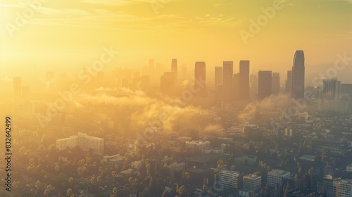 A panorama of a city skyline blanketed by smog, illustrating the impact of air pollution on urban environments