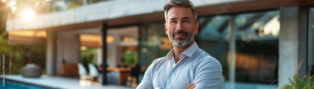 Real estate agent, modern home background, confident and welcoming, Photorealistic 8K , high-resolution, ultra HD,up32K HD Real estate agent, modern home background, confident and welcoming, Photorealistic 8K , high-resolution, ultra HD,up32K HD
