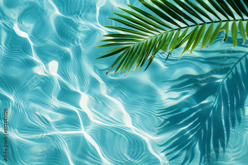 Green palm leaf against rippling water surface. Tropical plant with blue water backdrop. Natural background