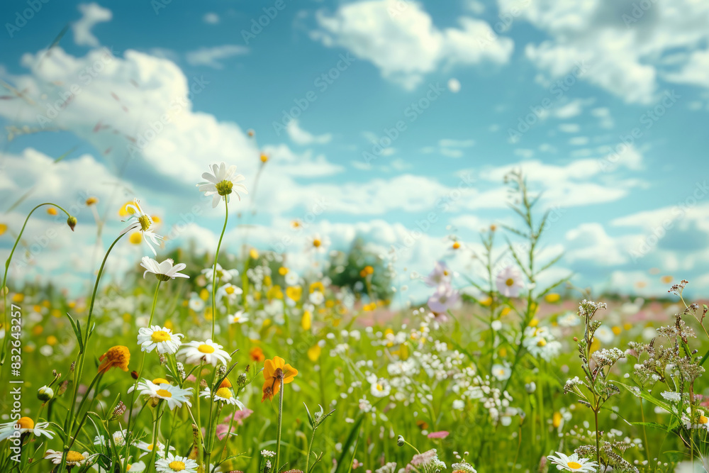 Vibrant wildflowers are blooming in summer meadow on sunny day under blue sky with fluffy clouds. Beautiful natural background