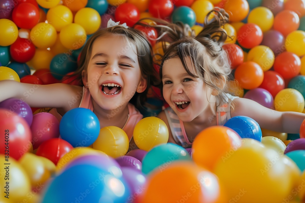 Obraz premium Joyful little girls playing in colorful ball pit