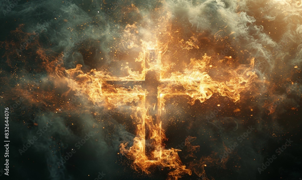 bright picture vector. A Christian cross near which something is burning with white fire bright picture vector. A Christian cross near which something is burning with white fire