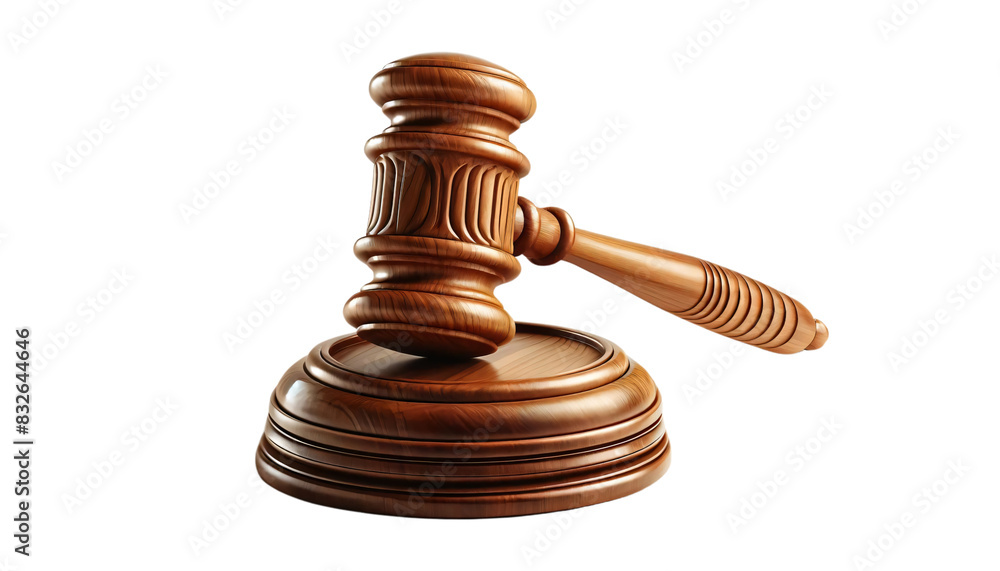A wooden judge's gavel resting on a sound block on a transparent background. The gavel is intricately carved with a polished finish A wooden judge's gavel resting on a sound block on a transparent background. The gavel is intricately carved with a polished finish