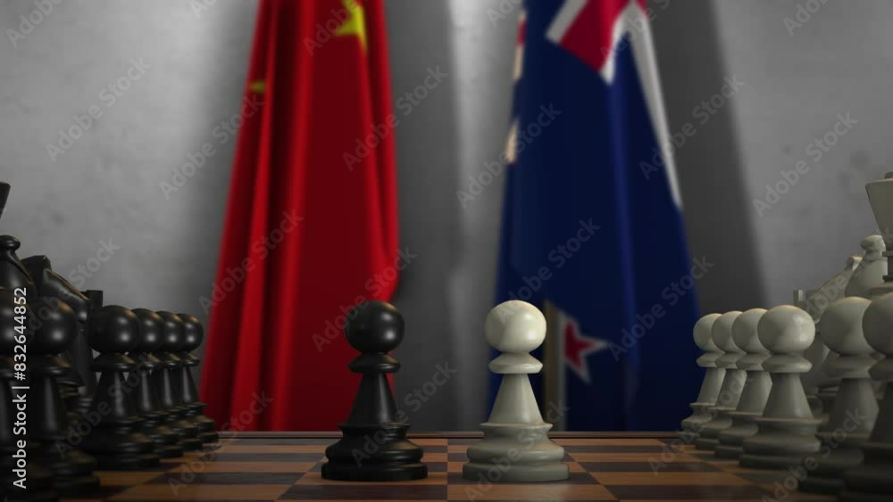 New Zealand And China National Flags. Politics And Conflict Concept Animation. Chess Board Game Play New Zealand And China National Flags. Politics And Conflict Concept Animation. Chess Board Game Play