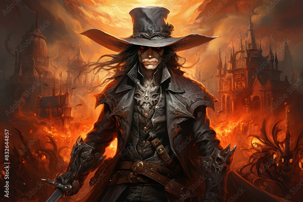A vampire hunter, wielding a silvered blade and devoted to eradicating undead creatures. - Generative AI A vampire hunter, wielding a silvered blade and devoted to eradicating undead creatures. - Generative AI