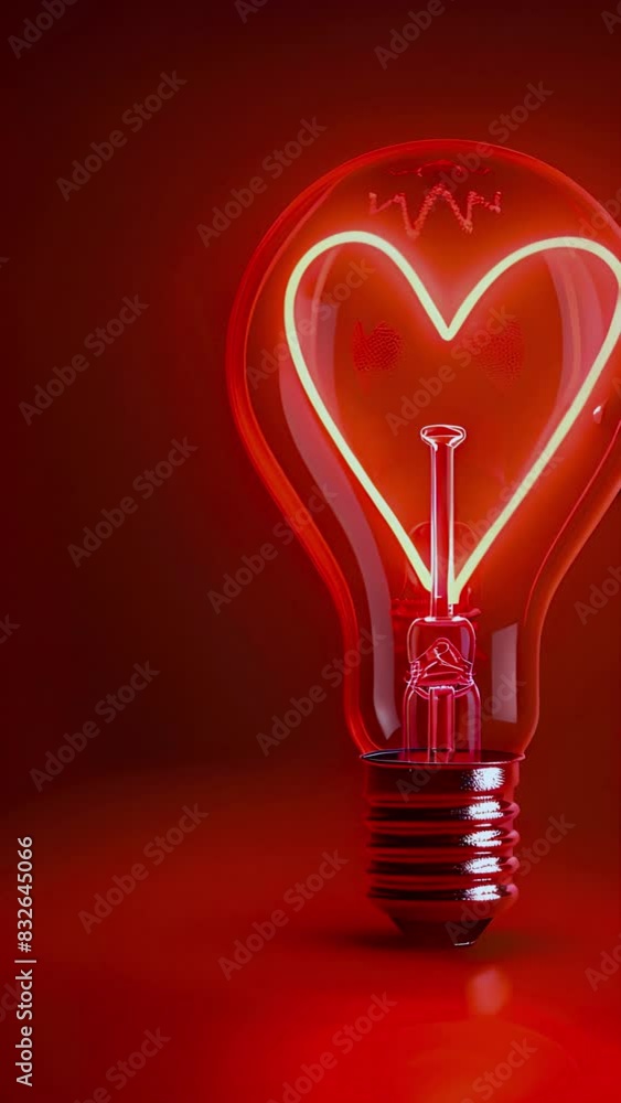 Lightbulb in shape of heart with red background. Romantic love design. Burning heart shape in the electric lamp. Copy space 4k video flickering and glowing Lightbulb in shape of heart with red background. Romantic love design. Burning heart shape in the electric lamp. Copy space 4k video flickering and glowing