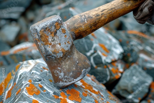 Geologist uses hammer to study rock samples covered in orange lichen