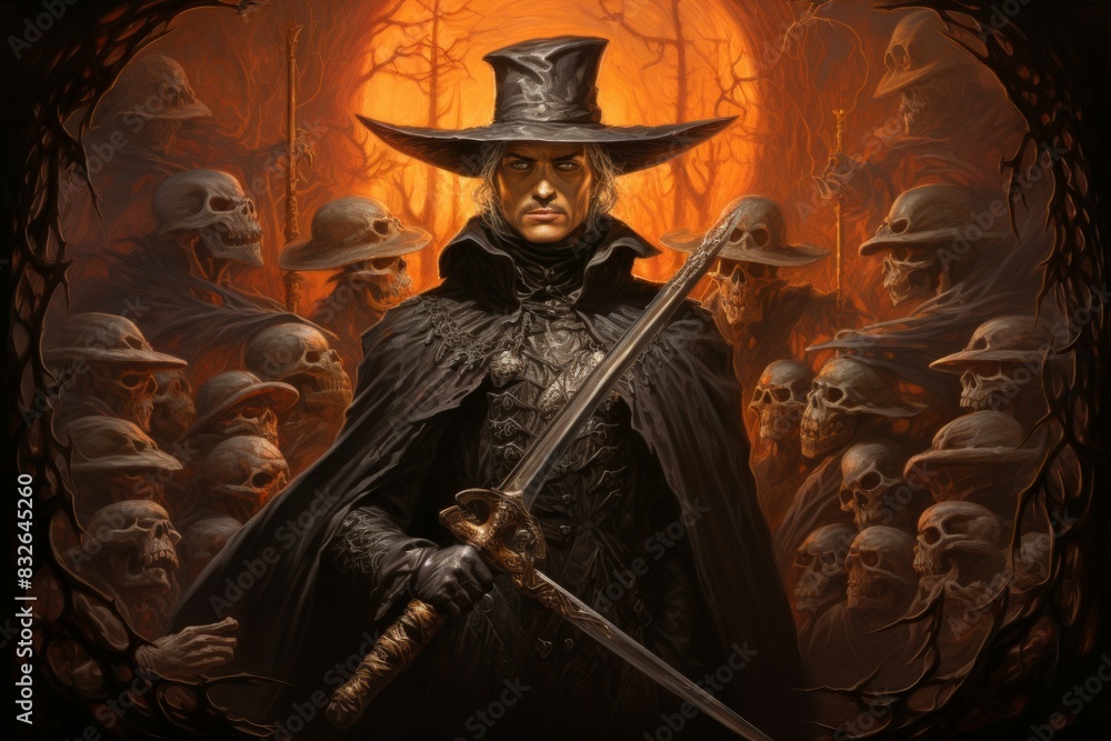 Fototapeta premium A vampire hunter, wielding a silvered blade and devoted to eradicating undead creatures. - Generative AI