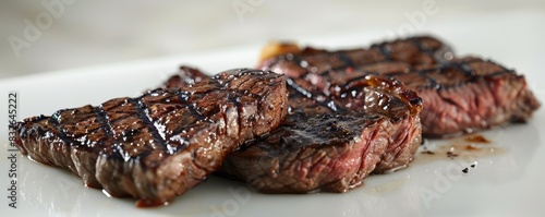 Sizzling beef steak with distinct charred grill marks, outdoor BBQ, juicy and tender, mouthwatering, highquality photo, isolated on white background