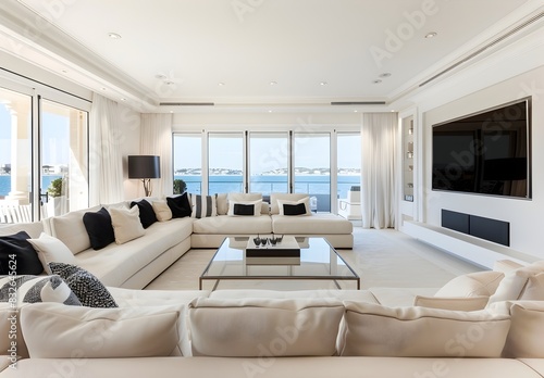 A large living room with white walls  light carpet and windows overlooking the sea in the British style