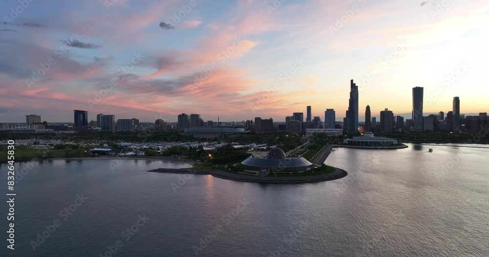 Aerial view of Chicago skyline during a amazing sunset of Lake Michigan Aerial view of Chicago skyline during a amazing sunset of Lake Michigan