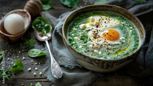 Spinach Cream Soup with Egg and Gorgonzola Fondue photographed from above Horizontal image