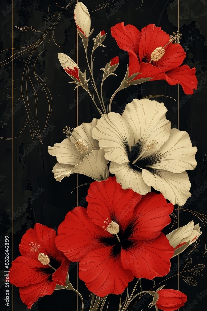 Red and White Flowers on Black Background Red and White Flowers on Black Background