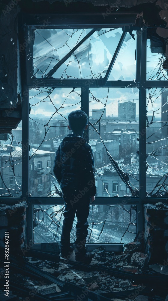 Child gazing out from a broken window Child gazing out from a broken window