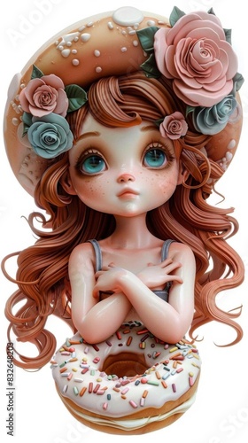 Cute 3D chibi art, European girl with a donutthemed outfit, cute and whimsical, endearing and vibrant photo