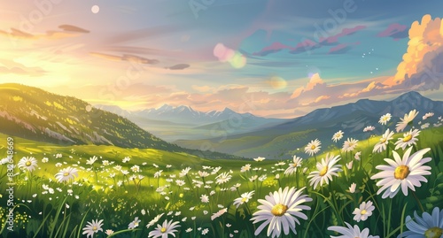 Beautiful spring landscape with daisies field on green hills under blue sky at sunset, natural summer background © nakarin