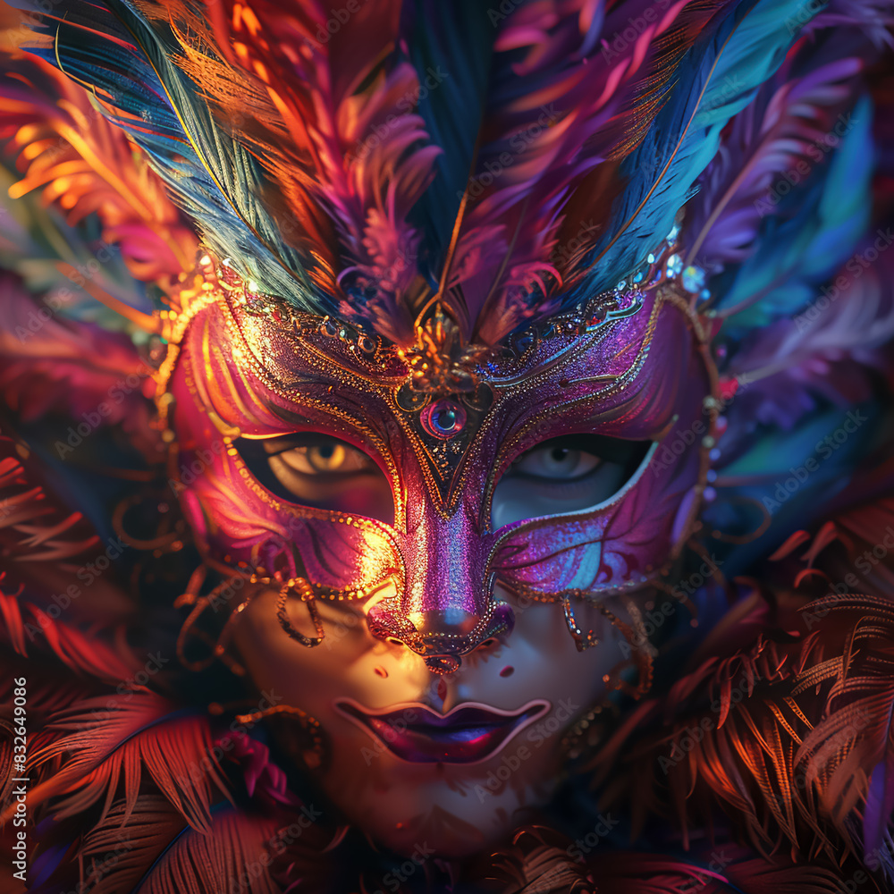 Carnival mask, intricate feathers, Rio de Janeiros street party, samba rhythms, vibrant colors, 3D Render, Spotlight, Motion Blur