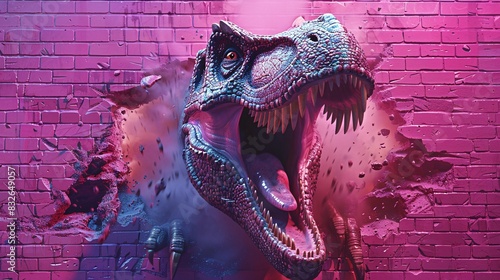 A hyperrealistic image of a dinosaur roaring in triumph as it emerges from a deep pink brick wall. The dinosaur's mouth is wide open, and its powerful jaws are lined with sharp teeth. Its eyes are