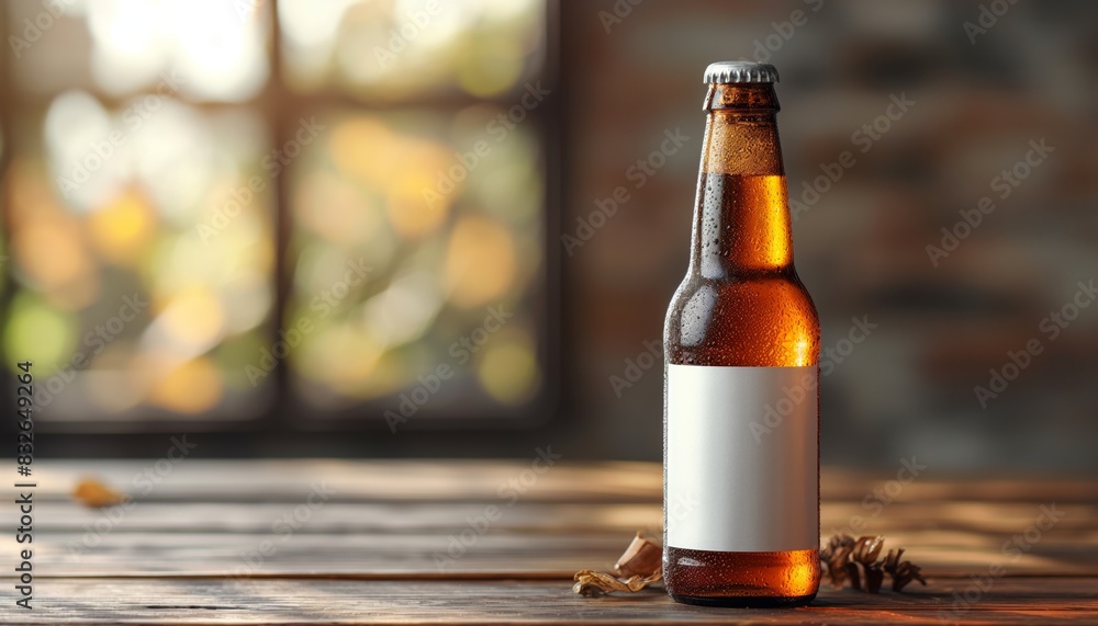 Chilled beer bottle on a wooden table Chilled beer bottle on a wooden table