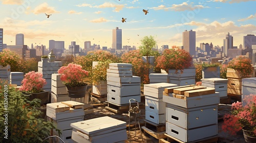 Rooftop Beekeeping Garden: Beehives, flowering plants, and urban skyline.
