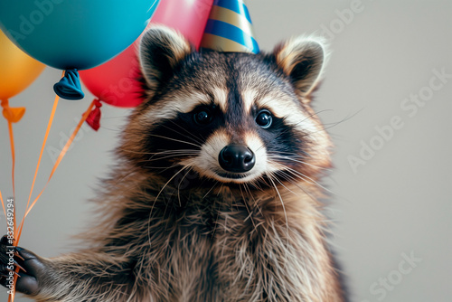 Cute raccoon in  party hat and holding balloons