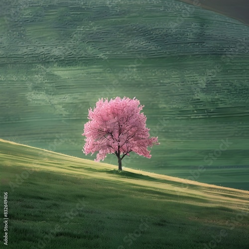 Ethereal Grace of Spring A Lone Cherry Blossom Tree in a Field of Green
