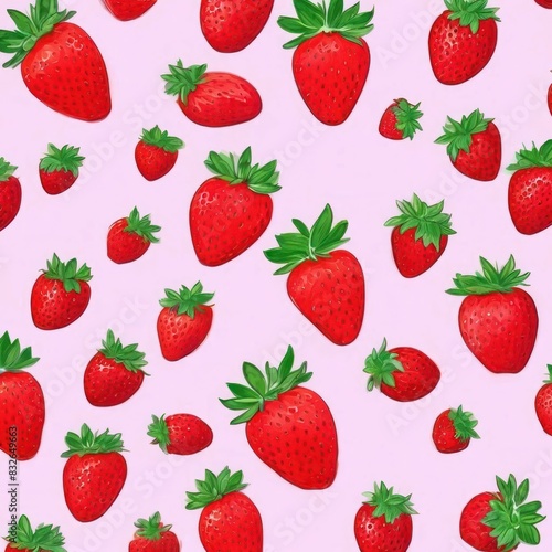 A pattern of fresh beautiful strawberries on a light pink table layout.