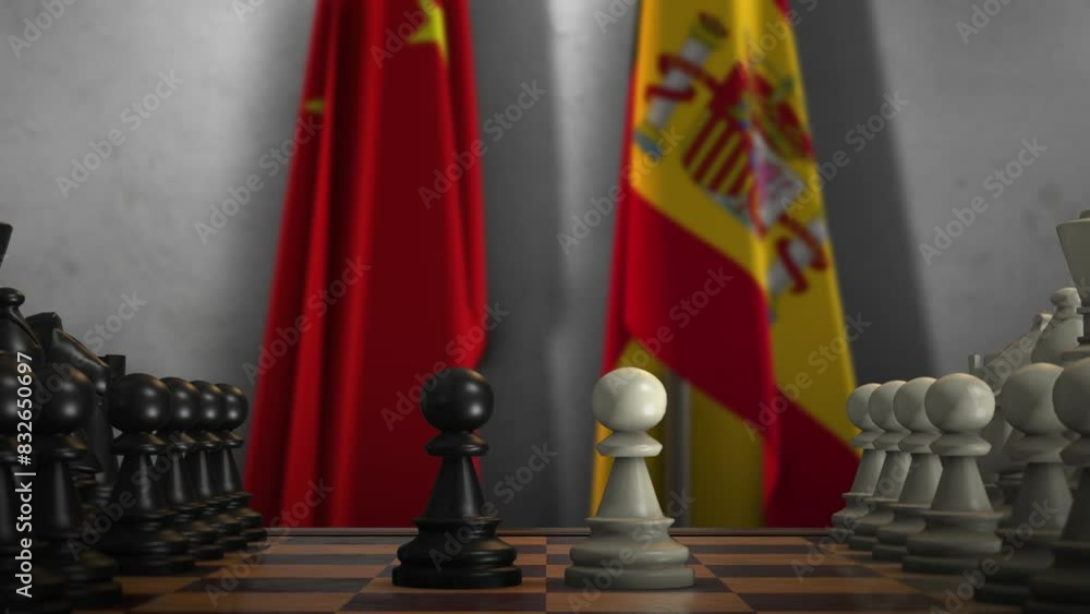 Spain And China National Flags. Politics And Conflict Concept Animation. Chess Board Game Play Spain And China National Flags. Politics And Conflict Concept Animation. Chess Board Game Play