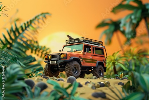 3d illustration of a jeep is driving through a jungle bokeh style background