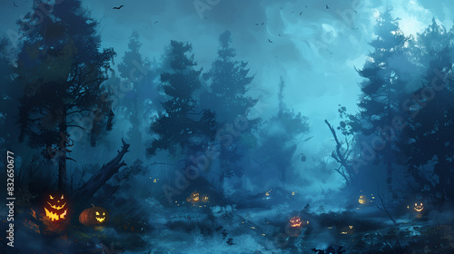 Spooky Halloween Forest with Glowing Pumpkins and Mist