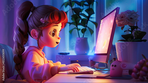 A diligent girl is working on the computer at home, 24 solar terms poster, fantasy, landscapes, Blender, Toy/ Doll, Cute, Character photo