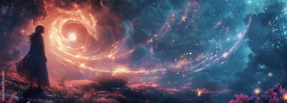 a mystical sorceress standing amidst swirling magical energy in a moonlit forest a mystical sorceress standing amidst swirling magical energy in a moonlit forest