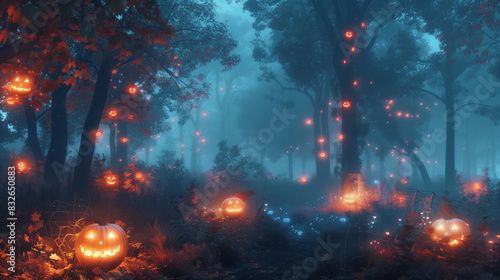 Spooky Halloween Forest with Glowing Pumpkins and Mist