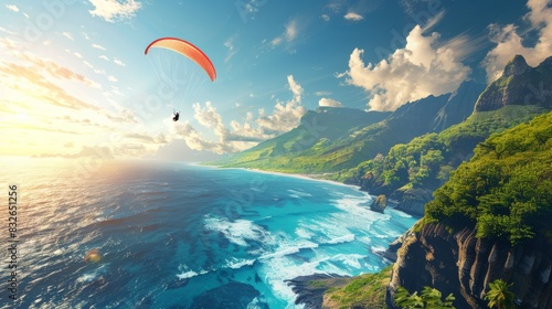 Paraglider soaring over tropical coastline