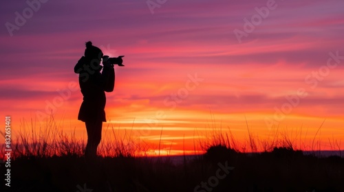 Silhouette of a photographer capturing the beauty of a vibrant sunset sky © Denys