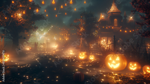 Enchanted Halloween Night - Spooky Pumpkin Pathway with Fairy Lights