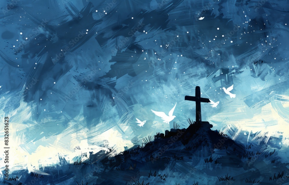 A silhouette of the cross on hill, with white doves flying in the sky and stars twinkling above it This scene symbolizes hope for heaven or Jesus' resurrection Generative AI A silhouette of the cross on hill, with white doves flying in the sky and stars twinkling above it This scene symbolizes hope for heaven or Jesus' resurrection Generative AI