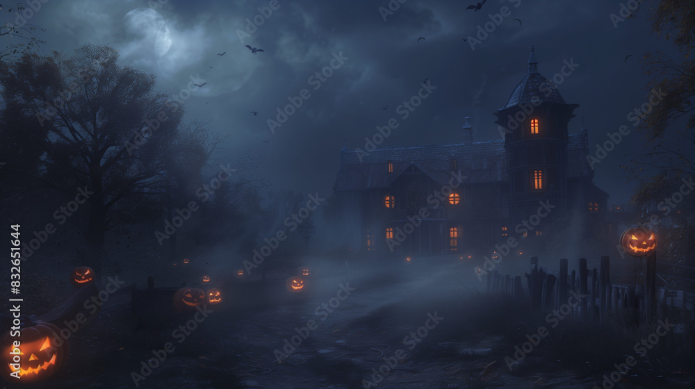 Haunted House on Foggy Halloween Night with Glowing Pumpkins Haunted House on Foggy Halloween Night with Glowing Pumpkins