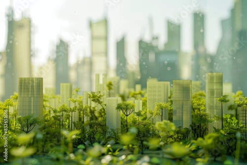 A cityscape with skyscrapers and a river surrounded by nature concept green living space bokeh style background © Koon