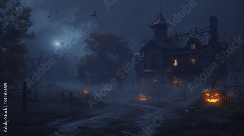 Haunted House on Foggy Halloween Night with Glowing Pumpkins