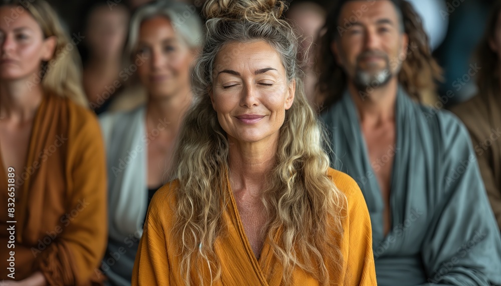 Mindful woman in meditation at an event Mindful woman in meditation at an event