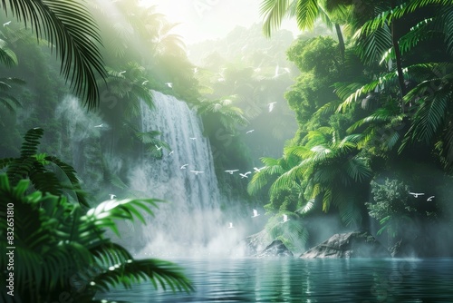 A waterfall in a lush jungle with mist in the air. The water is clear and the trees are green