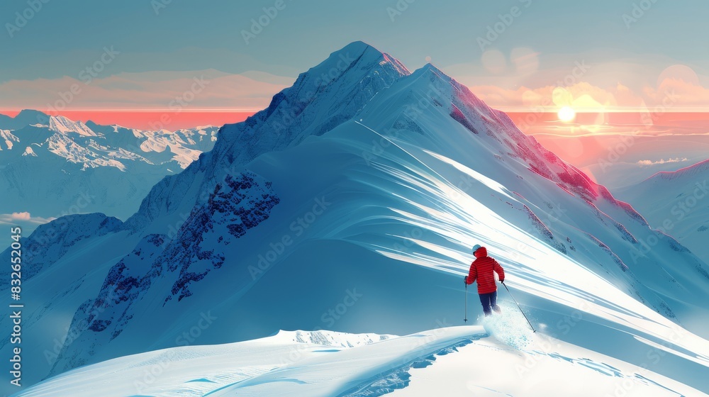 Lone adventurer at sunrise on snowy mountain peak Lone adventurer at sunrise on snowy mountain peak
