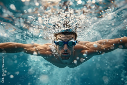 Male swimmer underwater propelling forward with synchronized strokes