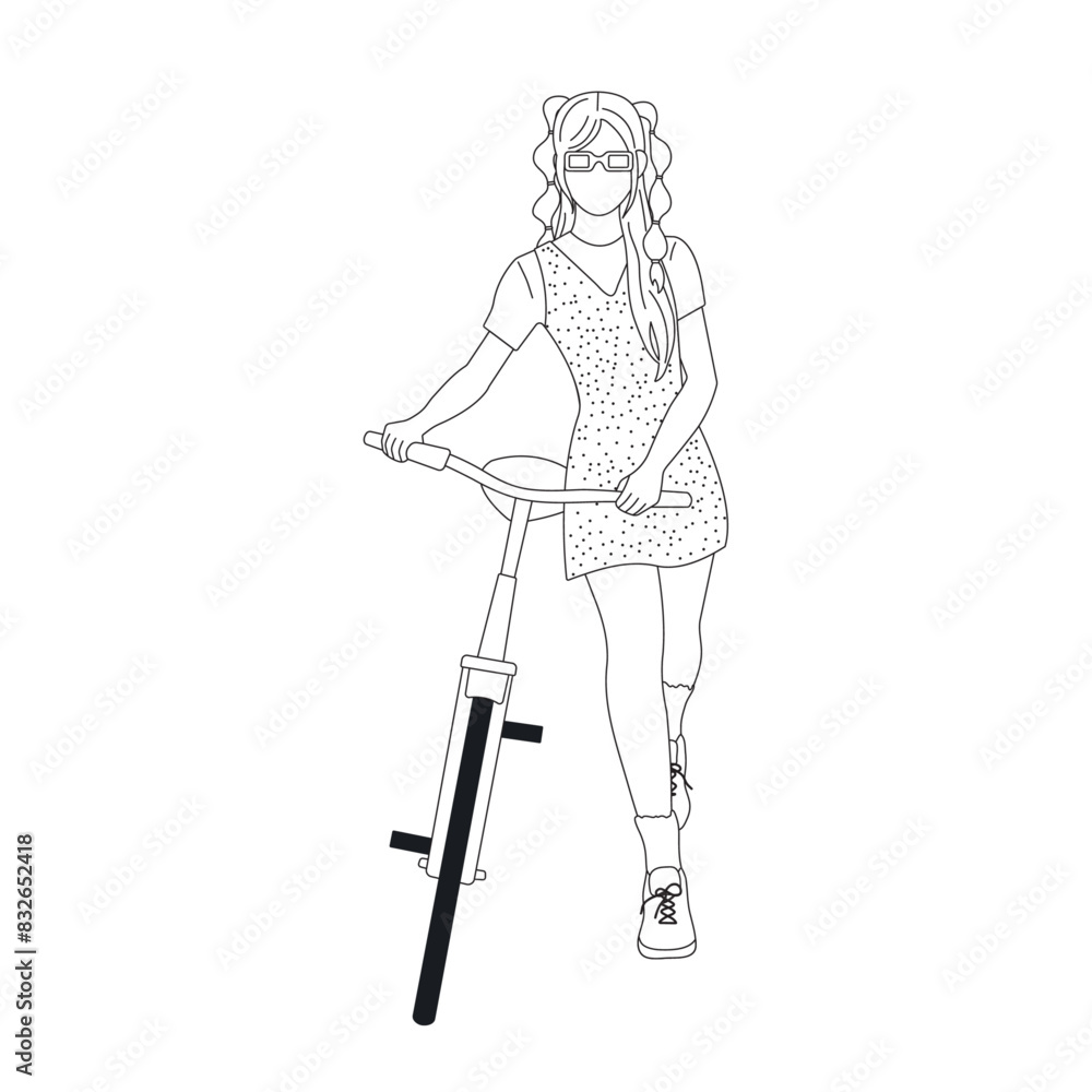 Beautiful girl with sunglasses dress, t-shirt riding bike on white background in outline style for lifestyle, posters, wallpapers, icons Beautiful girl with sunglasses dress, t-shirt riding bike on white background in outline style for lifestyle, posters, wallpapers, icons