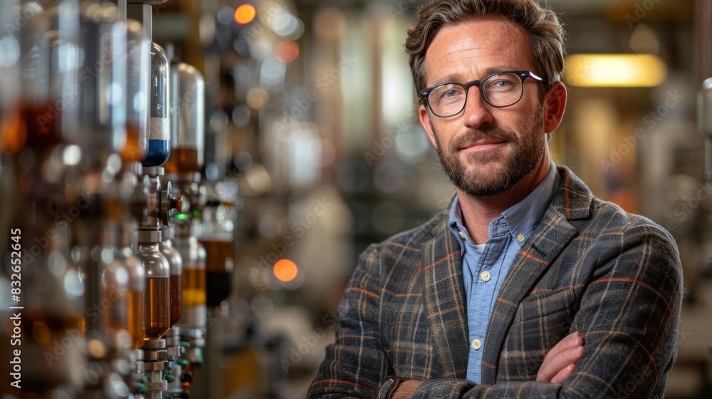 A man standing in front of a rack filled with bottles A man standing in front of a rack filled with bottles