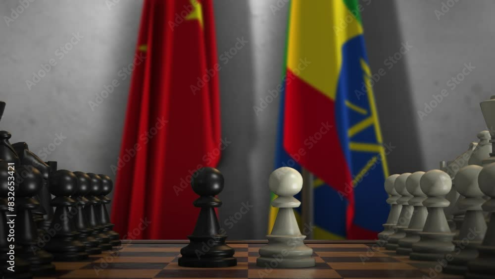 Ethiopia And China National Flags. Politics And Conflict Concept Animation. Chess Board Game Play Ethiopia And China National Flags. Politics And Conflict Concept Animation. Chess Board Game Play